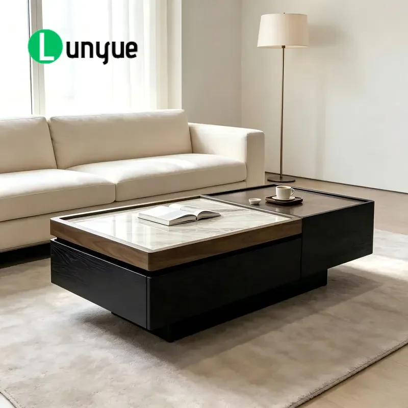 Retro Rectangle Wooden Coffee Table with Stone Top Durable Eco Friendly Storage Luxury Home Design for Living Room Furniture