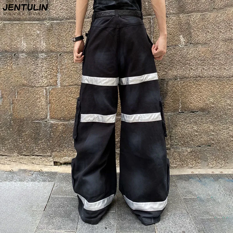 Casual Pants Men's Straight Leg Spliced Silver Reflective Strip Wide Leg Work Pants American Jeans Unisex Clothing