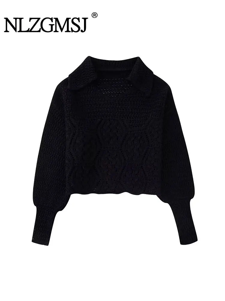 TRAF 2024 Autumn Vintage Hollow Out Women Sweater Black Solid Knitted Loose Pullovers Fashion Warm Female Top