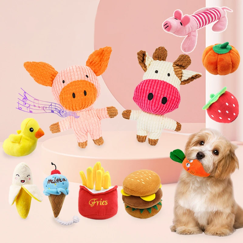 Plush Dog Toys Squeaky Dogs Interactive Pet Perros Toy Soft Squeeze Sound Bite Resistant Teeth Training Chew Fries Humburger