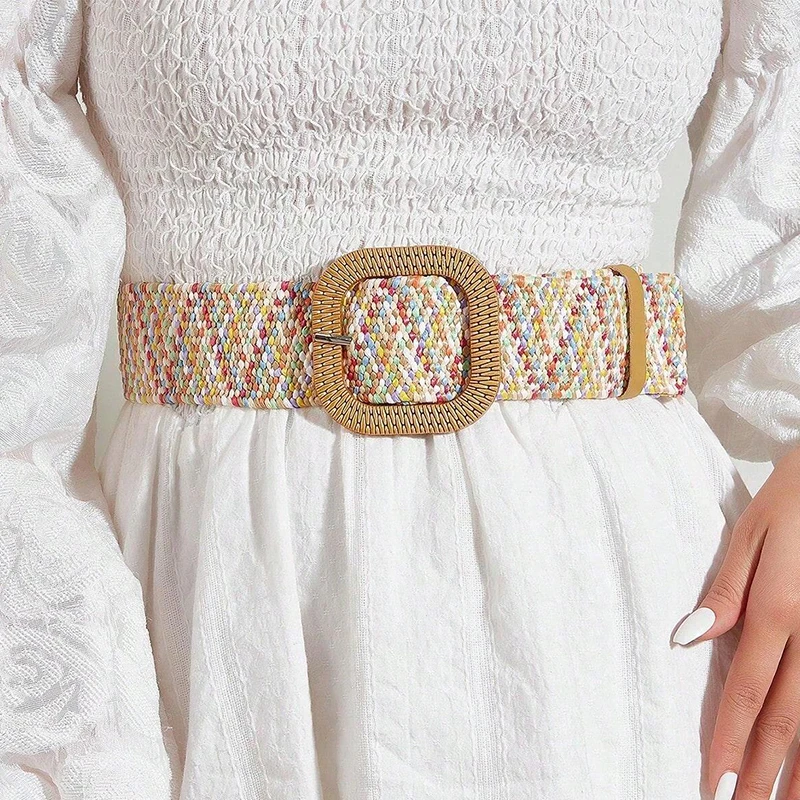 Kobiety Boho kolorowy modny pasek ze słomy modna okrągła klamra szerokie paski klasyczny letni pas plażowy dla kobiet dziewcząt