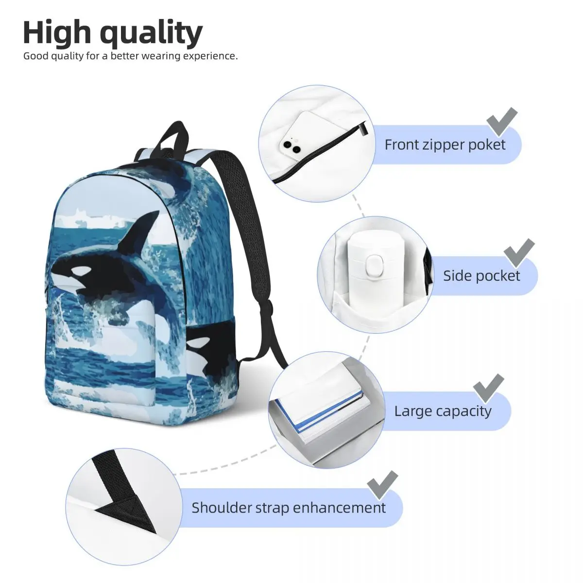 Laptop Backpack Unique Orca Killer Whale School Bag Durable Student Backpack Boy Girl Travel Bag view 5