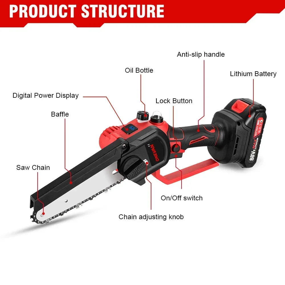 ONEVAN 6Inch Electric Saw Rechargeable Cordless Chainsaw Woodworking Handheld Pruning Garden Power Tool for Makita 18V Battery