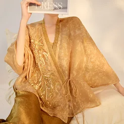 Gold New Chinese Style Coats Women Rayon Tang Clothes Loose Kimono Cardigan Luxury Sequins Embroider Hanfu Top Lady Outwear