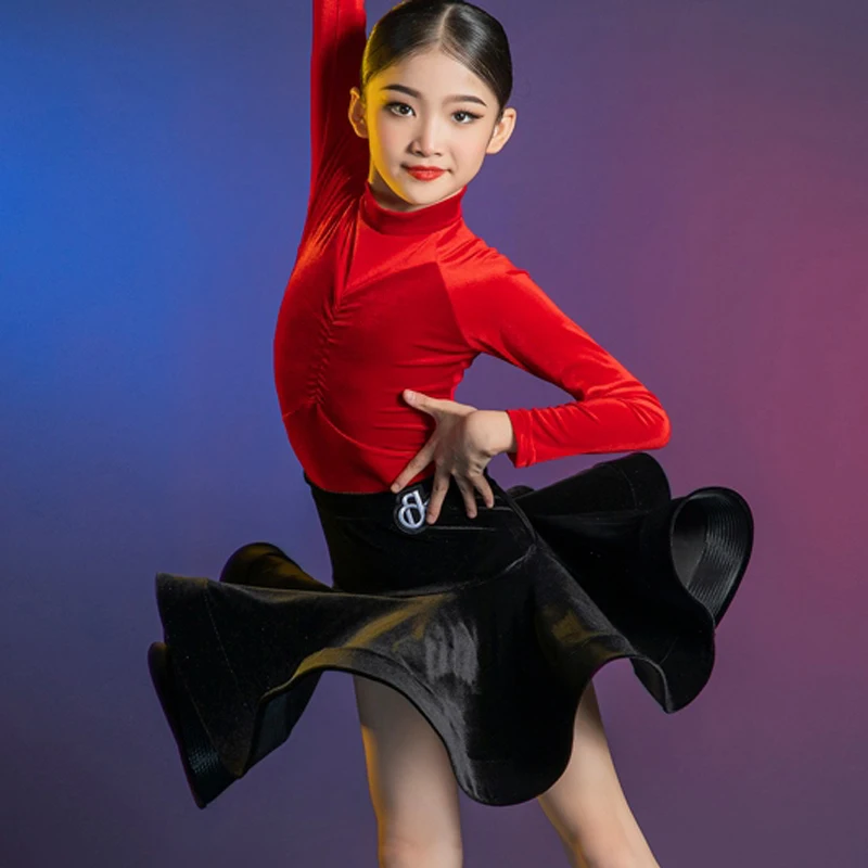 

New Kids Ballroom Dance Costume Girl's Tango Latin Dance Practice Dress Fall Winter Red Velvet Dancing Bodysuit Skirt Set XH1748
