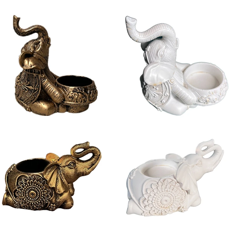 A-Gold Elephant Sculpture Tea Light Candle Holder Deco Small Candle Stick Holders Good Lucky Gift Props Icon