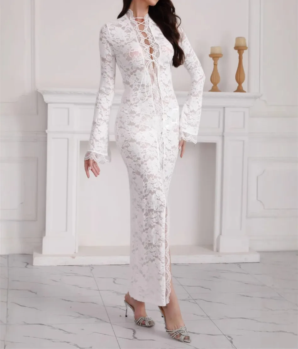 Abito sexy alla caviglia con scollo a V a maniche lunghe di nuova moda con lacci tinta unita slim fit tubino in pizzo trasparente con spacco per le donne