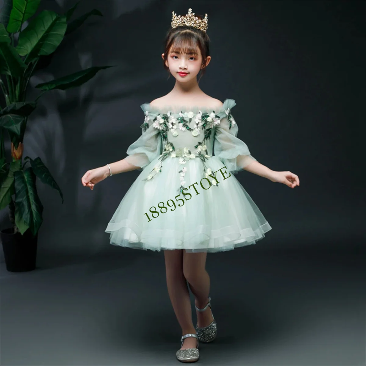 Mini vestidos de niña de flores con apliques de tul verde para boda, cuello barco, media manga, desfile de niños, vestidos de primera comunión para niños