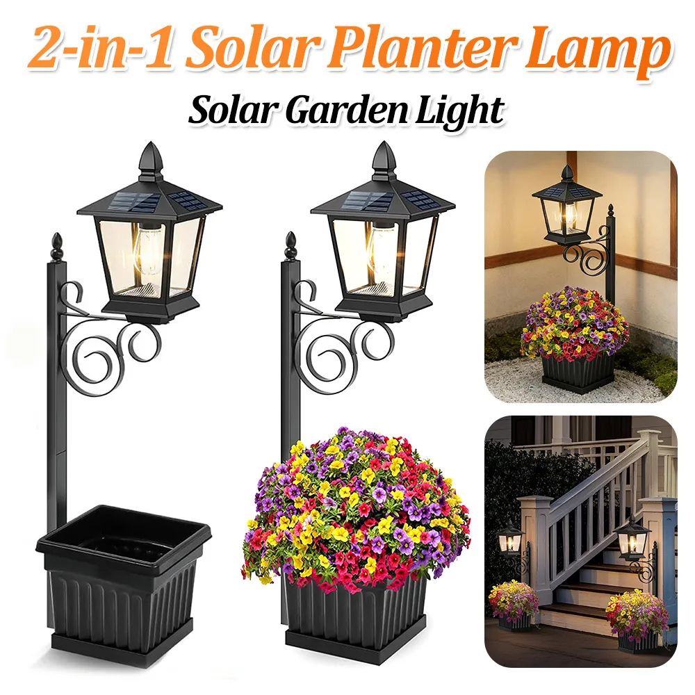 

2-in-1 Solar Planter Lamp Waterproof IP54 Vintage Solar Porch Light Auto On/off Sensor Porch Decor (No Flowers Included)