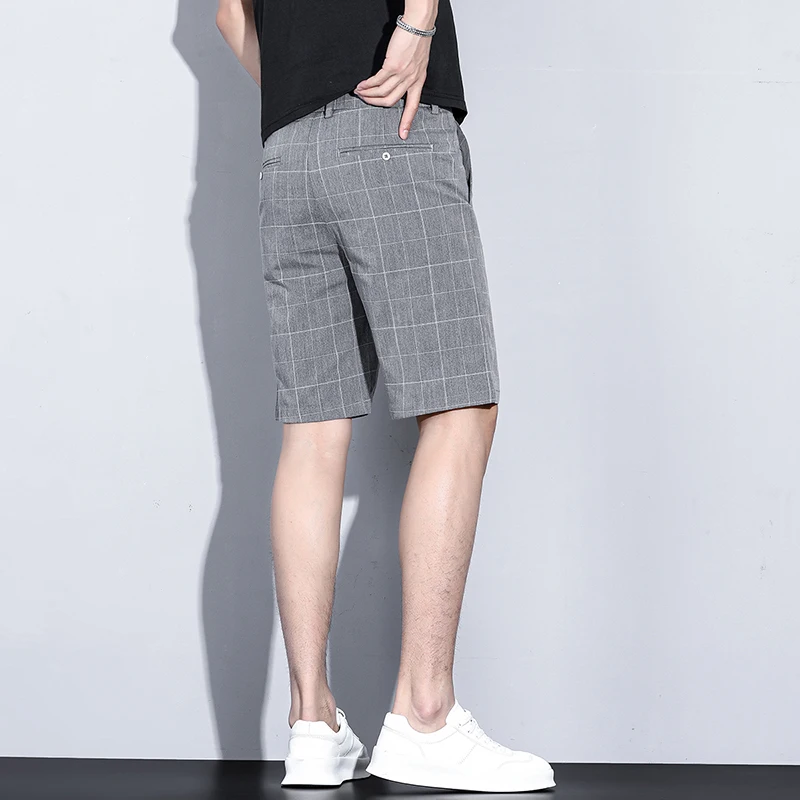Sommer dünne karierte Streifen Shorts Männer Business knielange Hosen gerade Strand kurze Korea Mode graue Hose männliche Marke Kleidung