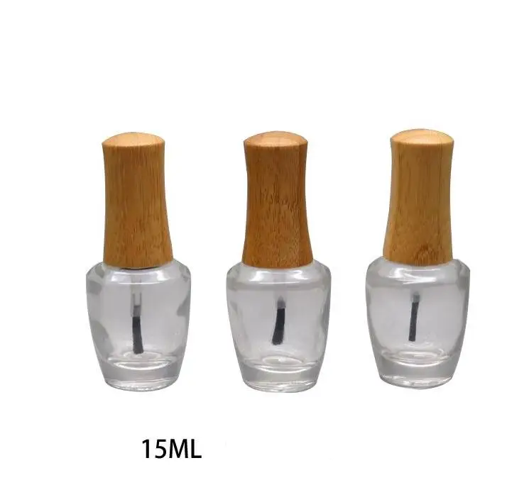 15ml Empty Clear Glass Nail Polish Bottle with Bamboo Cap DIY Cosmetic Liquid Nail Art Container with Brush Makeup tool SN869