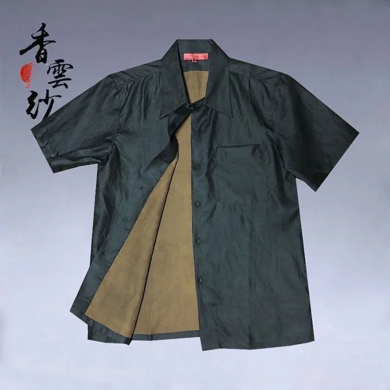 Silk Short Sleeve Shirt Men's New Casual Thin No-iron High-grade Silk Xiangyun Cloth Shirt for Middle-aged Summer Cool Feeling