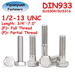 Yiqianyuan 1/2-13 UNC DIN933 Hexagon Head Screws 304/316 Stainless Steel External Hexagon Head Bolts Full/Partial Threaded