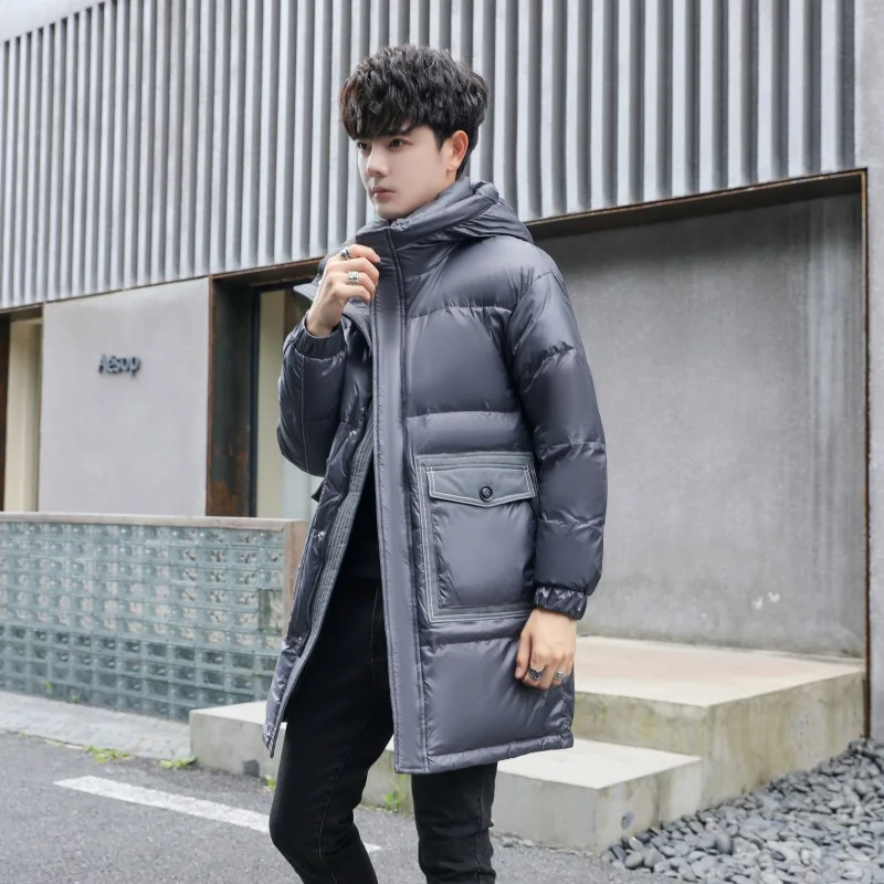 Casual 2024 Winter Men\'s Mid-Length Warm Duck Down Jackets Outwear Solid Color Windproof Long Hooded Puffer Coat Thick Down Tops