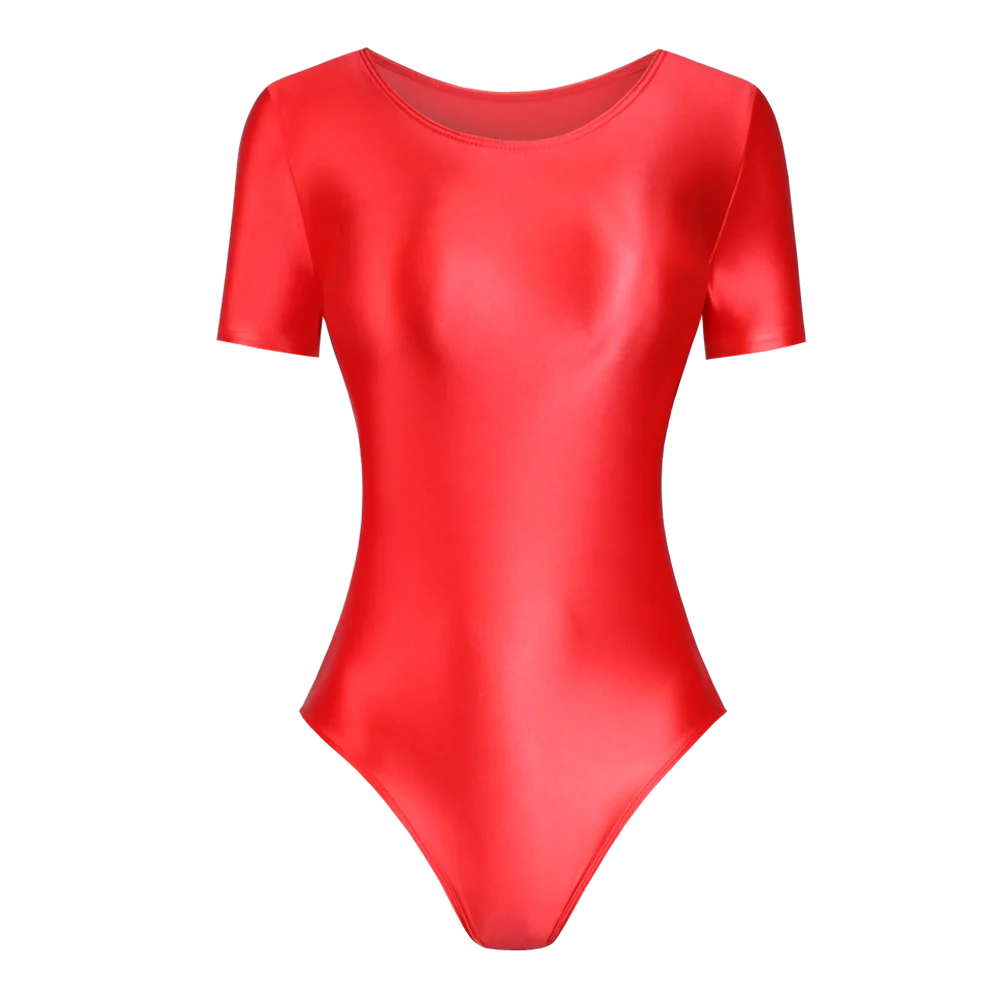 2022 Summer Women Candy Color Sexy Swimsuit Tight Shiny Glossy Silk Short Sleeve One Piece High Cut Bodysuit Spandex Swimwear