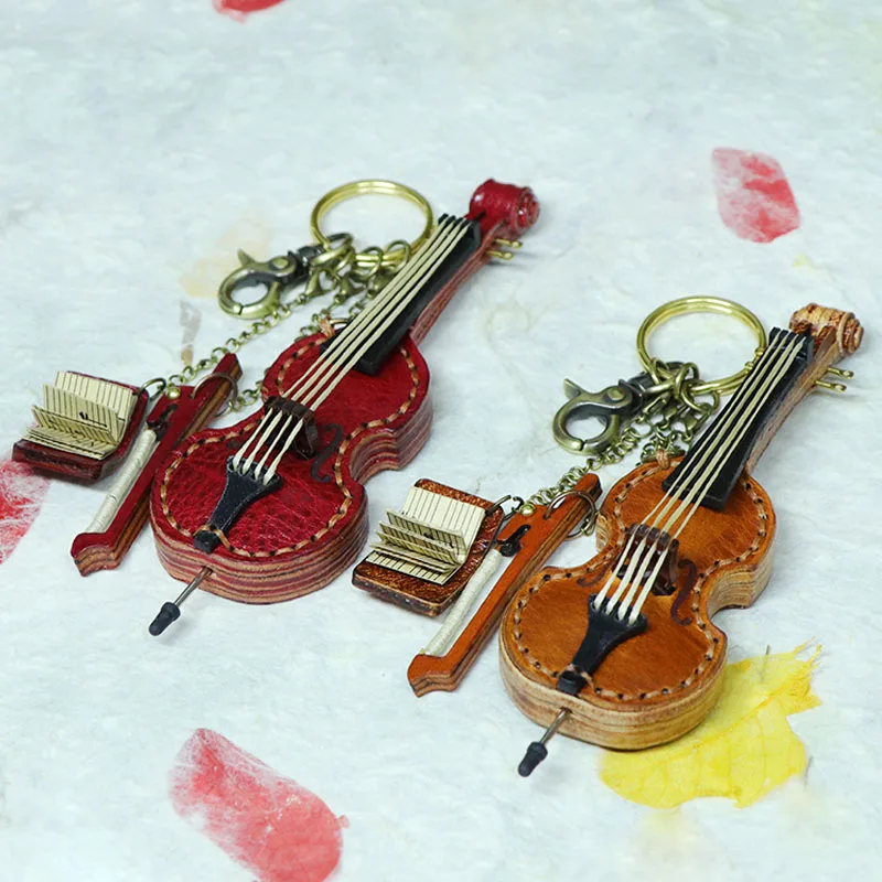 

Genuine leather handmade double bass bag pendant keychain vintage instrument renovation decoration handmade leather gift