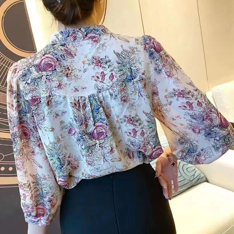 Vintage Elegant Women\'s Chiffon Shirt O-Neck Lantern Sleeve Printed Top Casual Office Lady trend Slim Shirts and Blouses French