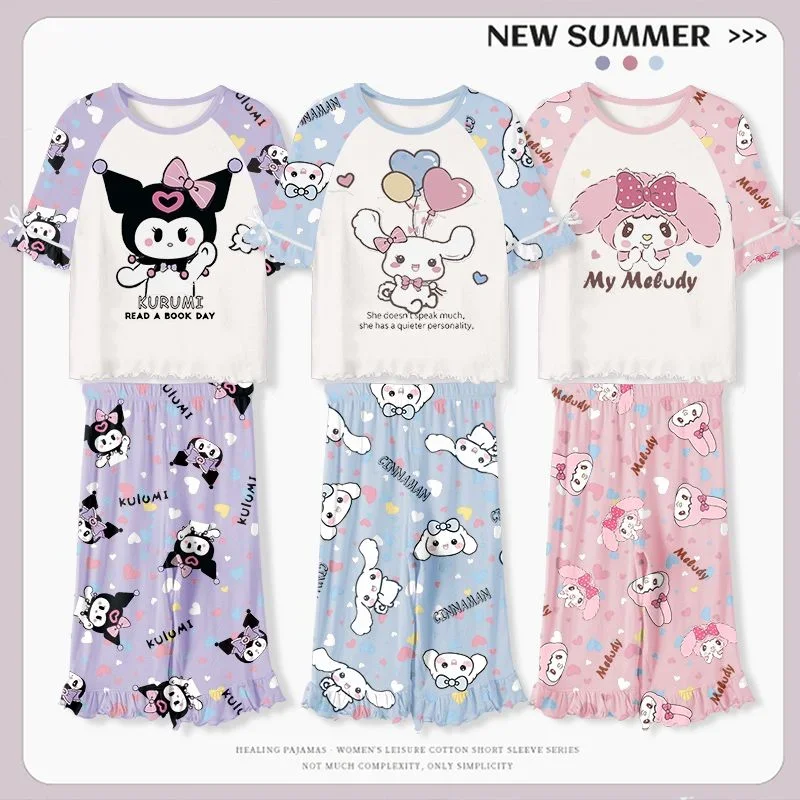 

MINISO Kawaii Anime Sanrio Kuromi Cinnamoroll Melody Printed Girl's Cotton Summer Pajama Set Short Sleeved Top Pants Home Clothe