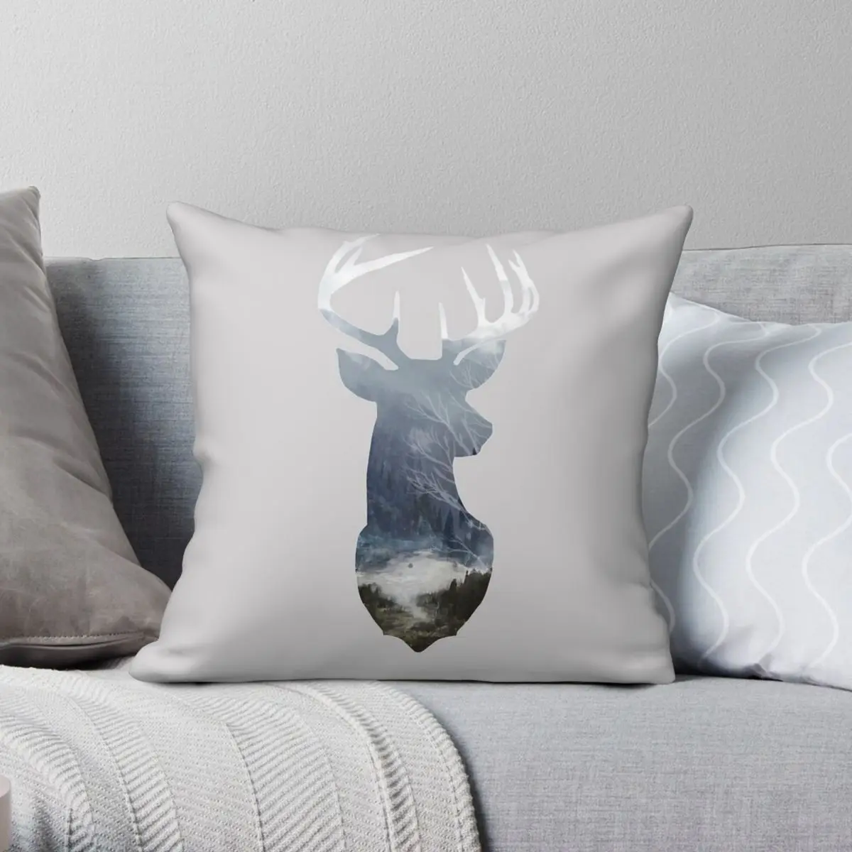 Deer Silhouette In Misty Forest River Square Pillowcase Polyester Linen Velvet Pattern Zip Decorative Room Cushion Case