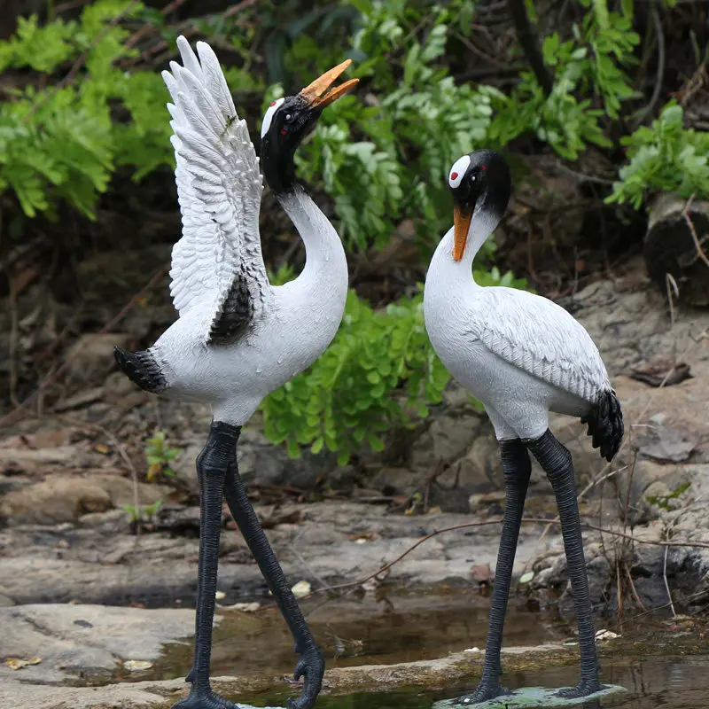 Resin Bow Head Red-crowned Crane Statue Outdoor Pond Bird Figurine Yard Water Landscape Ornament