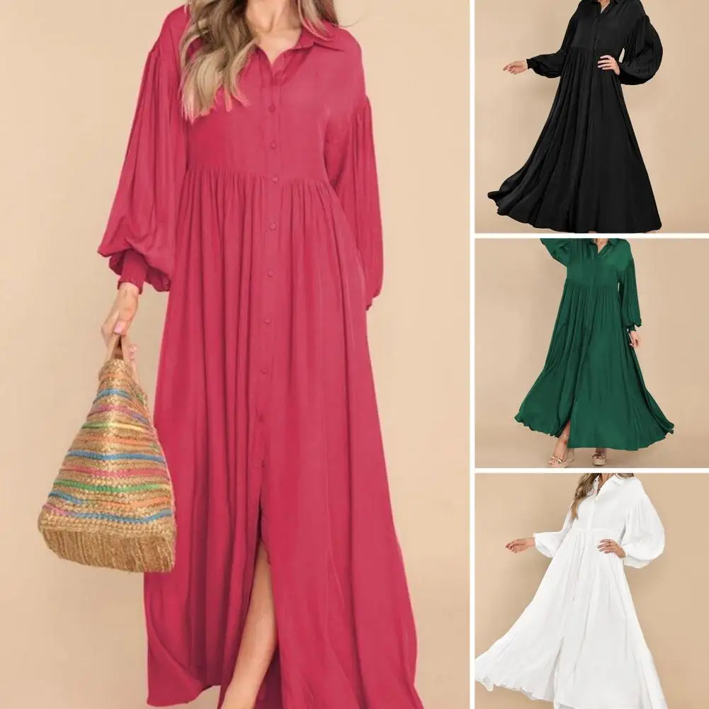 

Big Swing Dress Elegant Maxi Dress with Pleated A-line Silhouette Turn-down Collar for Women Solid Color Long Sleeve for Fall