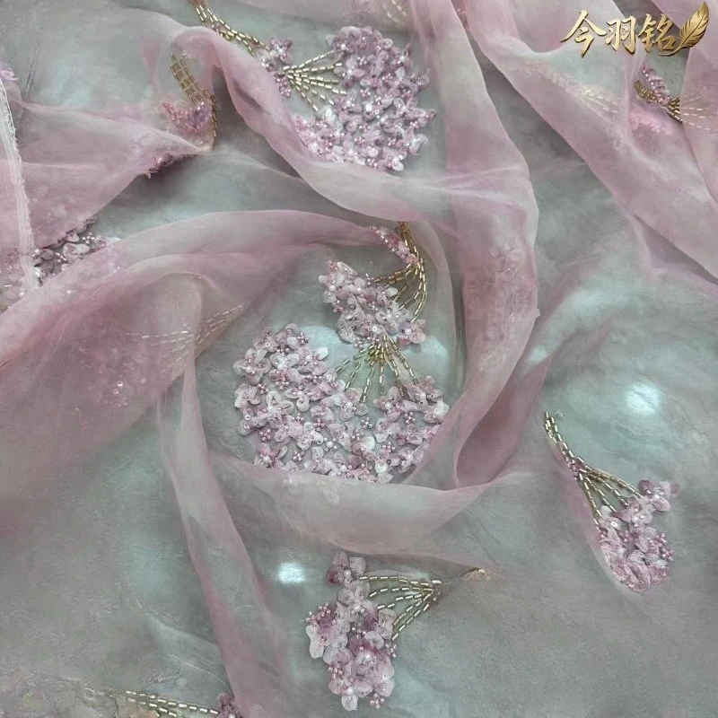 Mistlace 2 Yards Bead Embroidered Organza  Sequins Fabric150cm Width  Material for Evening Gown, Party Dress Making ML231