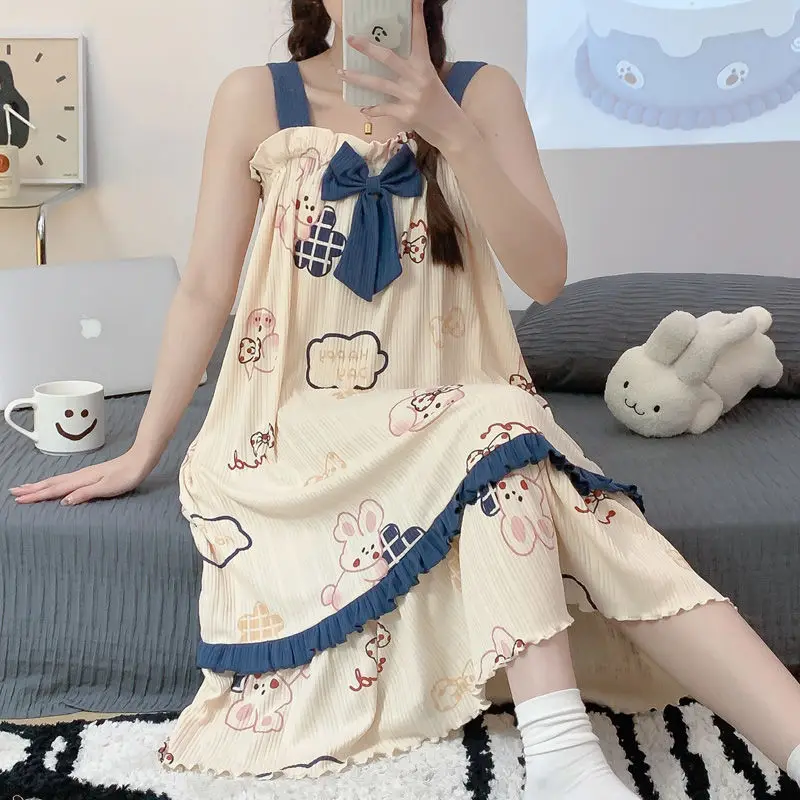 Nightgown Women Summer Sweet Cute Student Pajamas Women Nightgown Cartoon Print Ruffle Bow Tie Loungewear Sleeveless Dresses