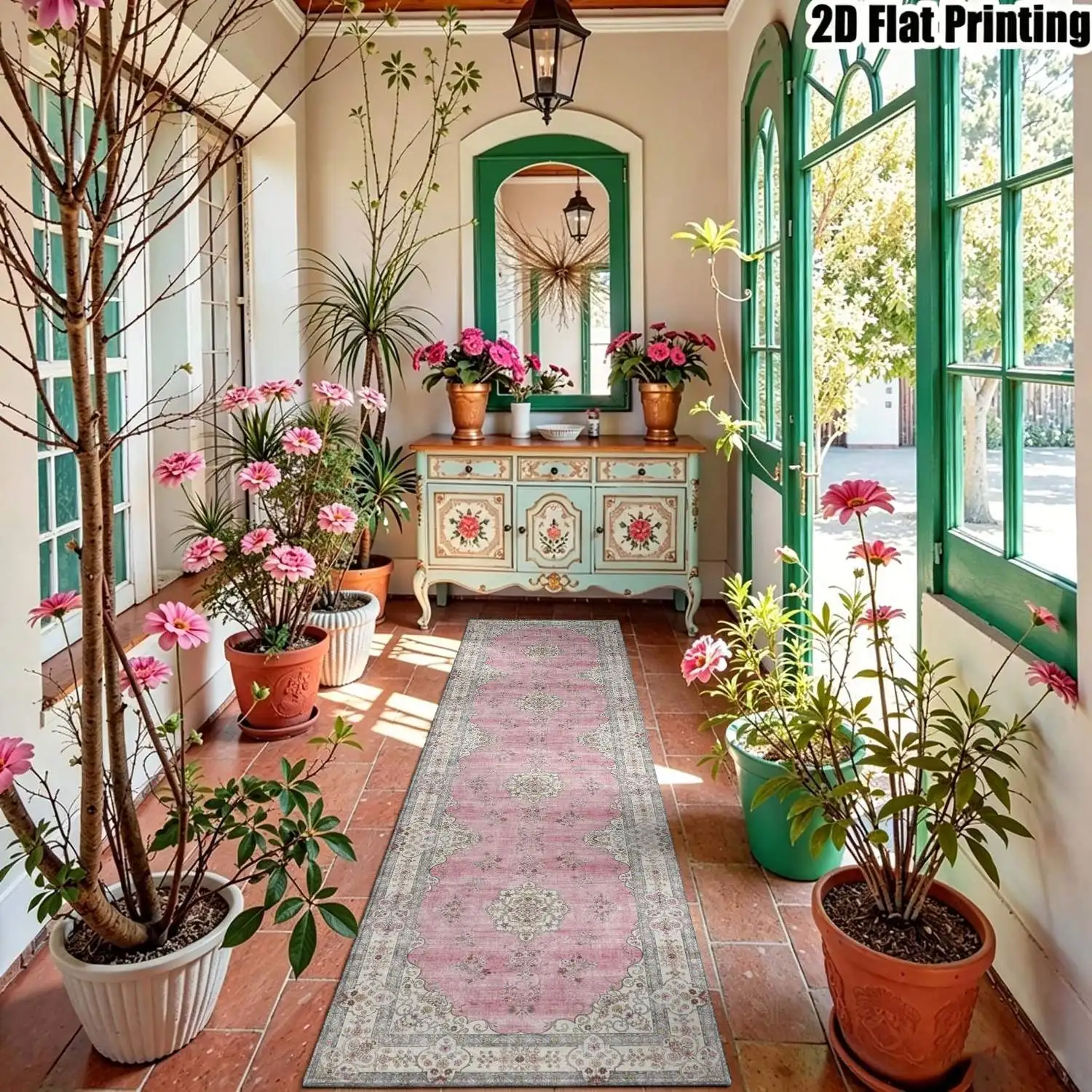 1Pc 2D Printed Long Strip Rug, Pink Floral Geometric Pattern Vintage European-Style, Machine Washable, Multi-Size, Suitable for Entrance, Hallway, Bedroom, Kitchen Home Decor.