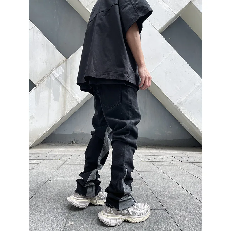 [BOMP] 2024 Autumn Men High Street American Color Blocked Fringed Micro Flared Jeans 2024 New Trendy Long Pants New Fashion