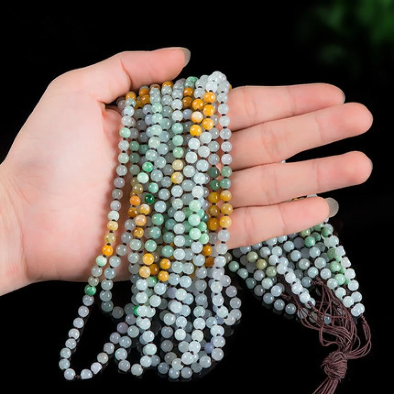 Myanmar A- Level Hand-Woven Mine Timber Jade Tricolor round Beads Pendant Chain Ladies Certificate