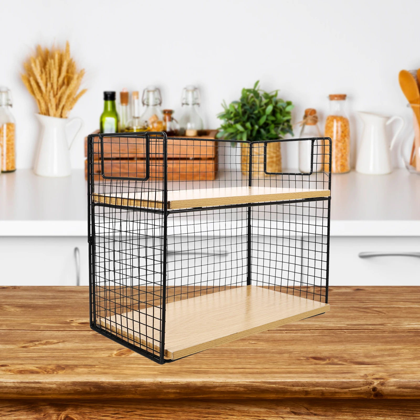 

2-Tier Desktop Organizer Shelf Wooden Storage Metal Frame Home Kitchen Countertop Cup Rack Makeup Organizer Bathroom Toiletry