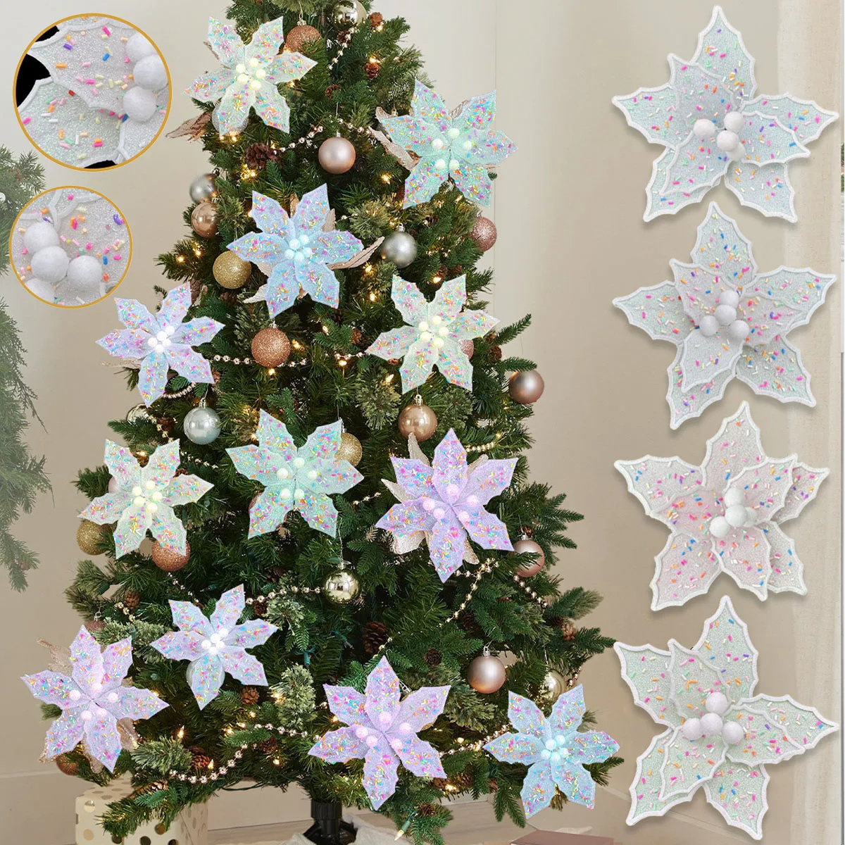 

4PCS Christmas Decoration 15CM Artificial Flowers Xma Tree Pendant Ornaments Home Decor Navidad New Year 2026 Party Supplies