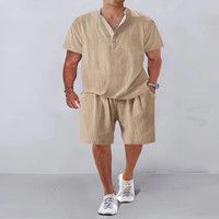 Fashion Men Sets 2025 Summer Mens Solid Color Stand Collar Linen Outfits Short Sleeve Polo Shirt+Shorts 2 Pieces Men Casual Suit