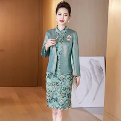 Chinese Mother of The Bride Dress Two Pieces Wedding Accasion Cheongsam Traditional Long Sleeve Qipao Evening Gowns with Jacket