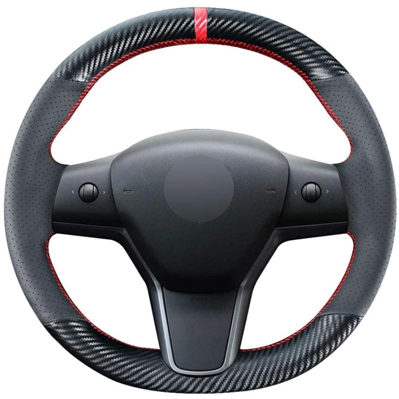 Carbon Fiber Steering Wheel Cover for Tesla Model 3 Sedan 2017-2021 Model Y SUV 2020 2021 Stitching Leather Interior Accessories