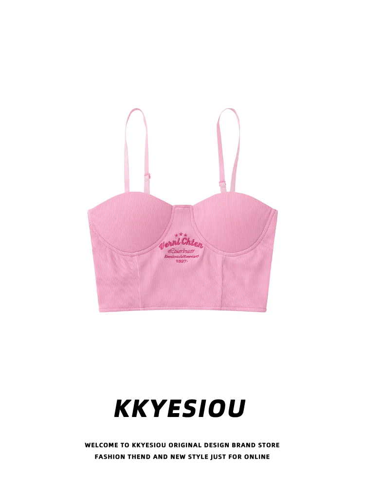 KKyesiou Spicy Girl Camisole Top Women's High Street Embroidered Backless Vest Sleeveless Inner Wear Street Style Short Fit