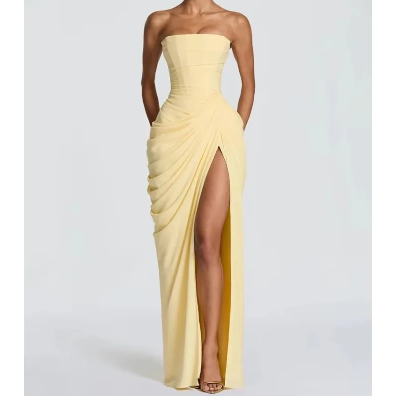 Chiffon Off-shoulder Strapless Sexy Maxi Dress Women Elegant Sleeveless Backless High Split Ruched Club Party Dress