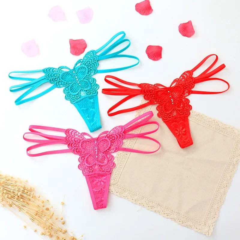 Sexy Hot G-string Double Thin Straps Panties Lace Hollowed High Slit Thongs Butterfly Fun Underwear T-back Underpants Wholesale