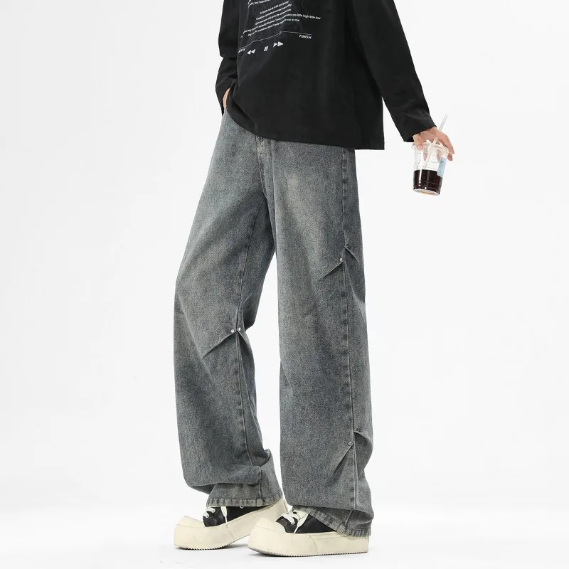 Men's Denim Pants Niche Design Washing Pleated Casual Solid Color Menswear Wide Leg All-match Loose Male Jeans