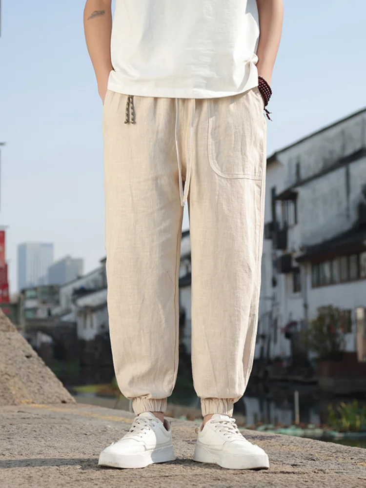 

Men's Casual Linen Cotton Pants Summer Thin Footed Lantern Pants Loose Fit Elastic Waist Breathable Lightweight Trousers