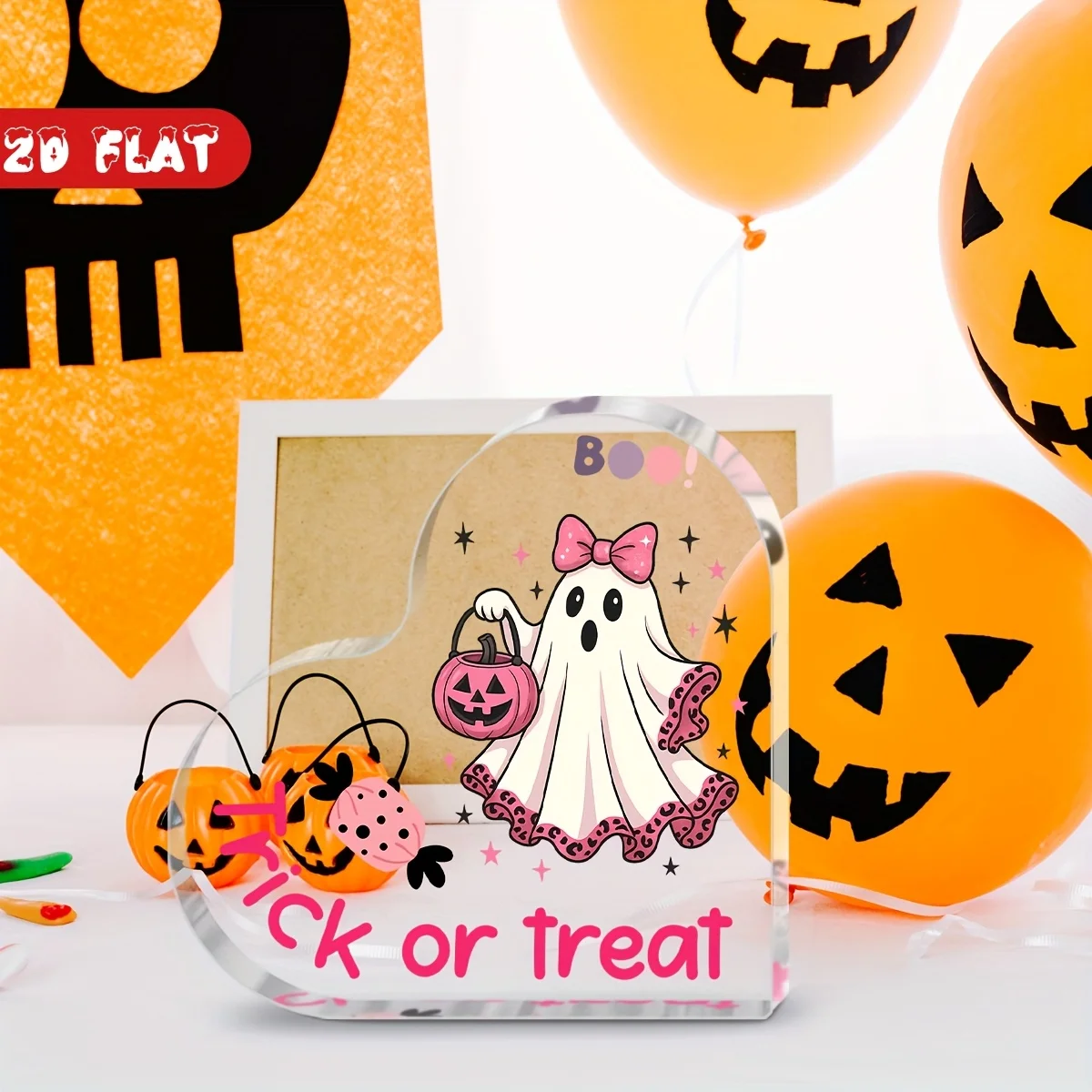 Heart Shape Acrylic Sign, Trick Or Treat Cute Bow Ghost Desktop Ornament, Pink Spooky Table Decor, Halloween Home Party Holiday Gift