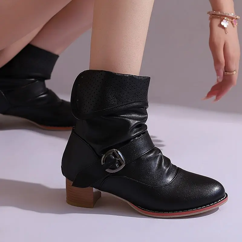 REAVE CAT Brand Women Ankle Boots Round Toe Block Heels 4cm Slip On Size 46 47 48 Vintage Daily Booties