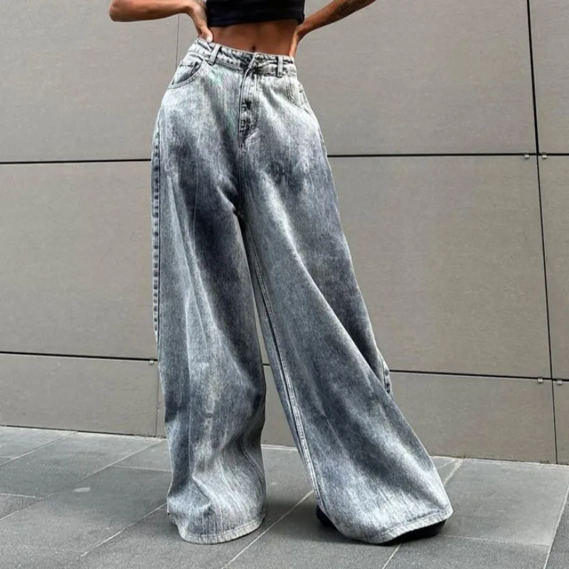 Sexy Beauty Streetwear Gray Tie Dye Low Waist Jeans Female Clothes Street Style Autumn New Fashion Women Wide Leg Denim Pants