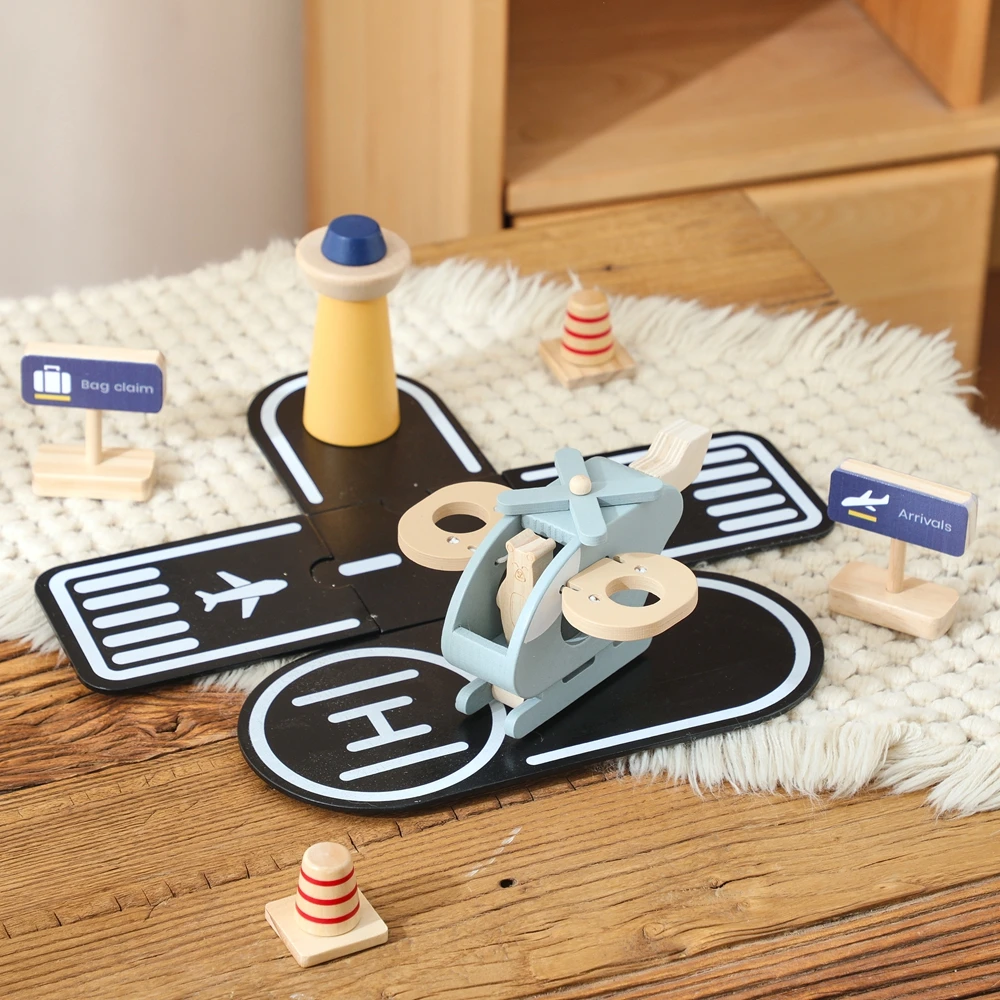 لعبة طائرة مكعبات بناء خشبية محاكاة لوحة هبوط طائرات الهليكوبتر مشهد لعبة تعليم ذكاء الأطفال لعبة تفاعلية للأطفال