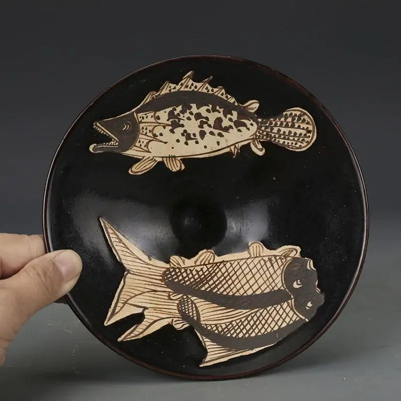 Old Collection Jizhou Kiln Black Glaze Brown Color Carved Fish Pattern Tea Bowl Porcelain Conical Bowl Antique Collection