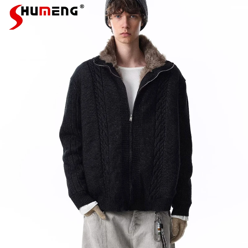 

Fashion Faux Fur Collar Knitted Cardigan Men 2025 Winter New Thickened Warm Loose Comfort Coats Solid Color Zipper Chic Sweaters