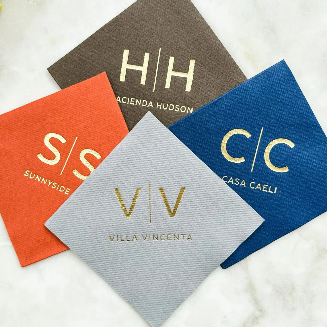 Square Vacation Home Linen-Like Cocktail Napkins, Custom Monogram Linun Beverage Napkins, Destination Wedding Reception Linen-Li