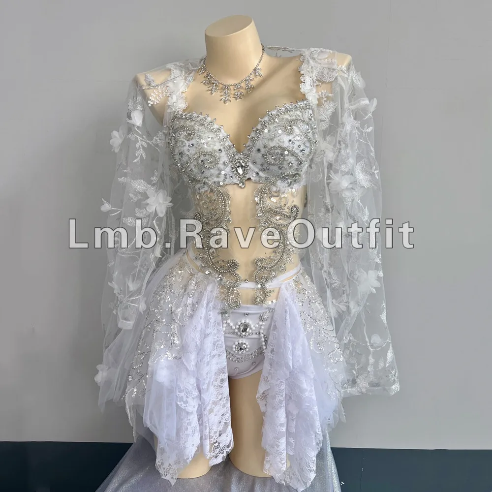 Luksusowy, błyszczący, diamentowy strój rave z elektrycznymi elementami, bikini, tiulowa spódniczka, strój dla tancerki, seksowny strój sceniczny, ubranie na urodziny.