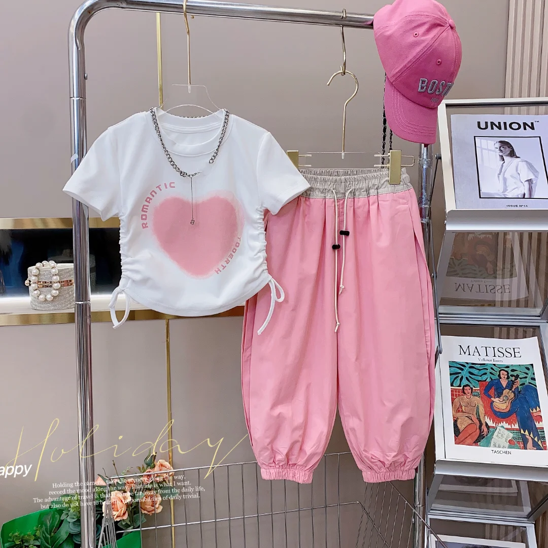 

Girls Set Summer New Side Drawstring T-shirt Top Korean Cotton Casual Pants Children's Two Piece Set