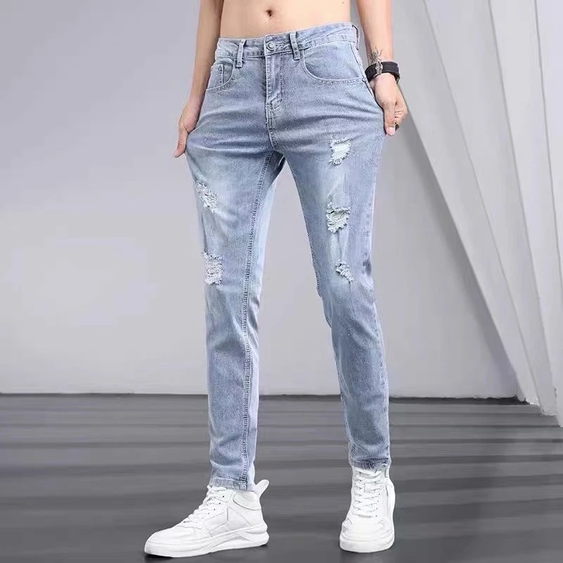 Boyfriend Daily All-match Pencil Distressed Jeans Men Casual Slim Fit Denim Pants Narrow Leg Ripped Pants Skinny Solid Trousers